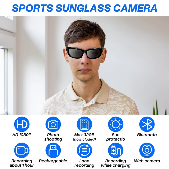 Alt view image 6 of 7 - Sunglasses Action Cam HD 1080P Bluetooth Smart Glasses Video Camera Wearable Sunglasses Sport Camera Support Bluetooth Player Music for Driving, Fishing and Hiking Etc
