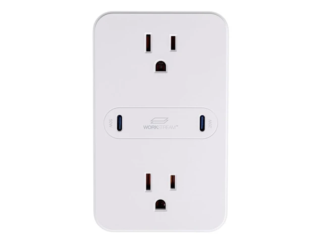 Alt view image 2 of 6 - 2-Outlet Wall Tap Power Strip with USB-C PD 50W + 20W Power Delivery, Wall Mountable, for Laptops and Mobile Phones - Workstream Collection