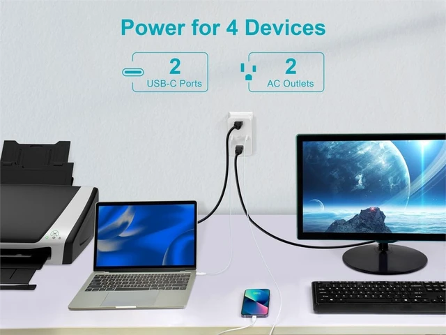 Alt view image 6 of 6 - 2-Outlet Wall Tap Power Strip with USB-C PD 50W + 20W Power Delivery, Wall Mountable, for Laptops and Mobile Phones - Workstream Collection