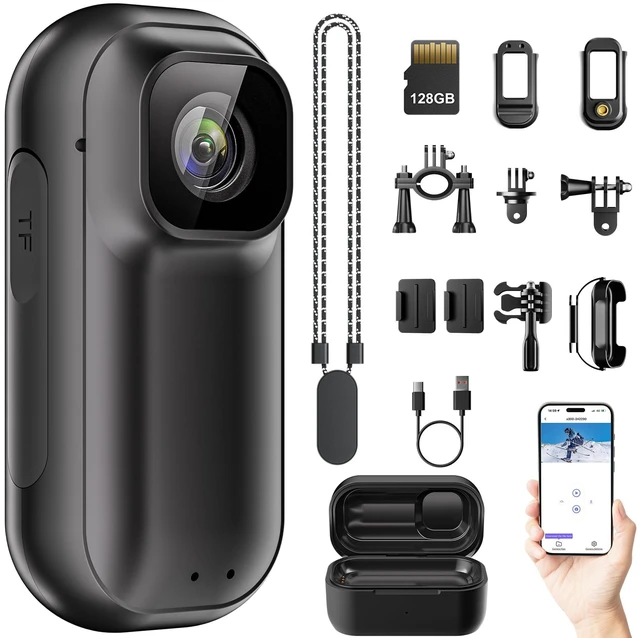 Main image of 4K Mini WiFi Action Camera 128GB, Wearable Body Cam with 1.5" Screen Thumb-Sized POV Camera with Charging Case, Helmet Mount, Magnetic Sport DV for Bike Cycling, Pet, Vlogging