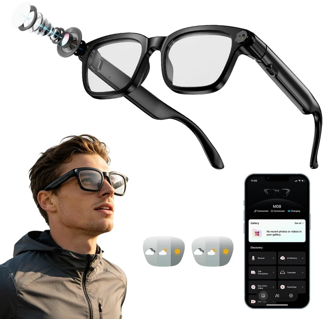 Main image of Smart Glasses with Camera for Men Women AI Translation Sunglasses 8MP HD Camera, Video Recording, Bluetooth, Type-C Charging, Open-Ear Audio Glasses, Include Replaceable Photochromic Lenses