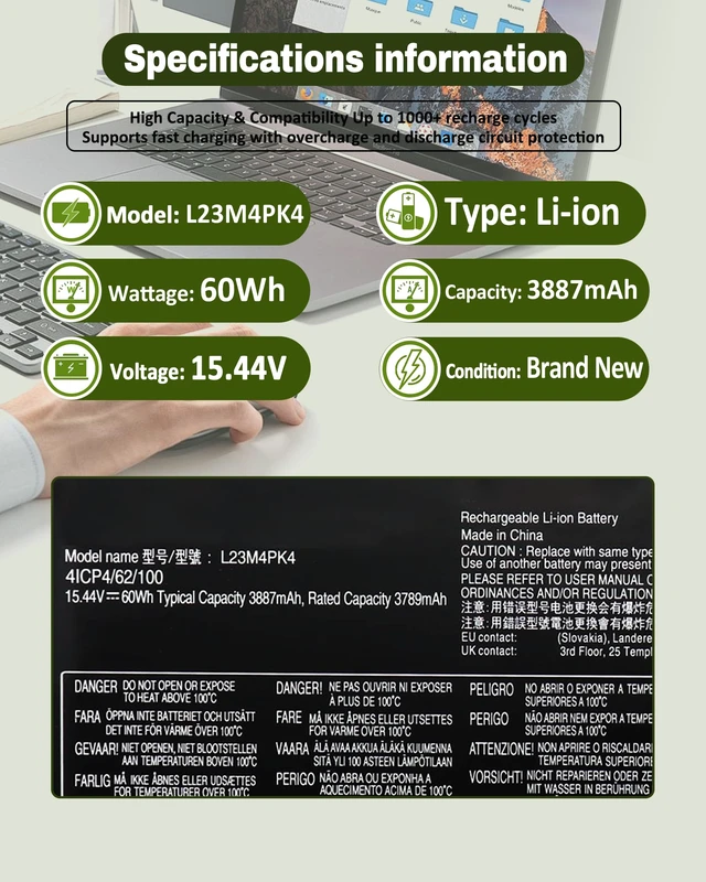 Alt view image 4 of 7 - 60Wh L23M4PK4 Battery for Lenovo LOQ 15IRX9 15ARP9 15AHP9 15IAX9 15IAX9I / Legion 5-15IRX10 5-15IAX10 Series - SB11M64615 5B11M64608 L23B4PK4 L23D4PK4 L23L4PK4-15.44V 3887mAh