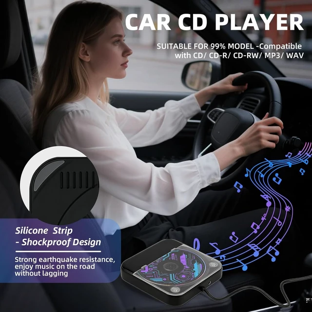 Alt view image 2 of 6 - Portable CD Player for Car, External CD Player with USB/AUX, Black Anti-Skip, Lightweight & Portable, Dustproof, for Laptop, TV & Computer, Supported CD/CD-MP3/CD-RW/CD-R/CD-WAV