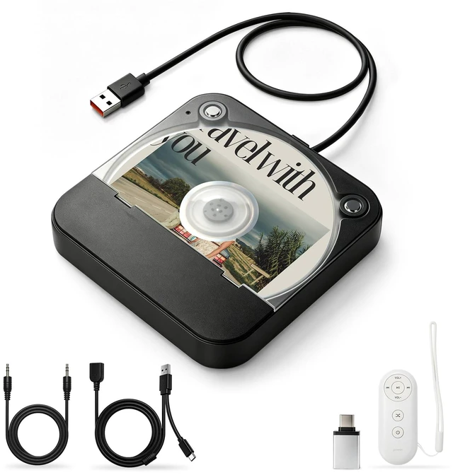 Main image of Portable CD Player for Car, External Car CD Player with USB/AUX Port Plug & Play CD Player for Car, Anti-Skip, Shockproof, USB & AUX Compatible, Works with Car Stereo/Laptop/Desktop/TV