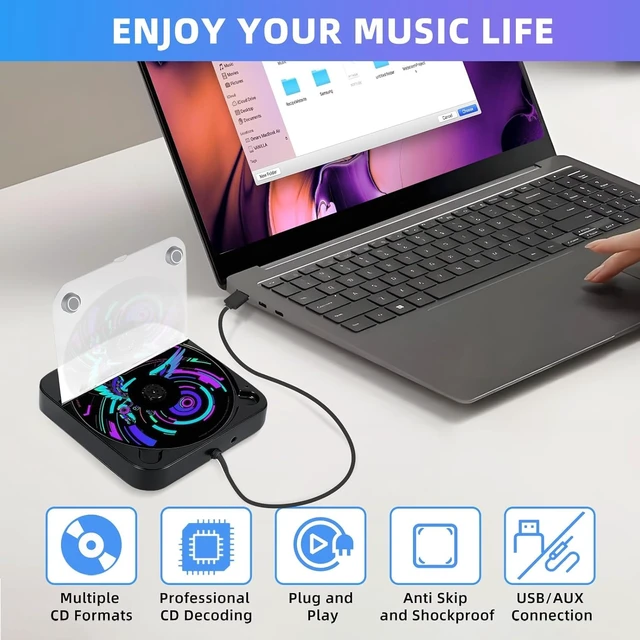 Alt view image 6 of 6 - Portable CD Player for Car, External CD Player with USB/AUX, Black Anti-Skip, Lightweight & Portable, Dustproof, for Laptop, TV & Computer, Supported CD/CD-MP3/CD-RW/CD-R/CD-WAV