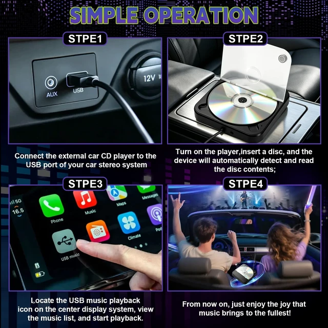 Alt view image 4 of 7 - Portable CD Player for Car, External Car CD Player with USB/AUX Port Plug & Play CD Player for Car, Anti-Skip, Shockproof, USB & AUX Compatible, Works with Car Stereo/Laptop/Desktop/TV