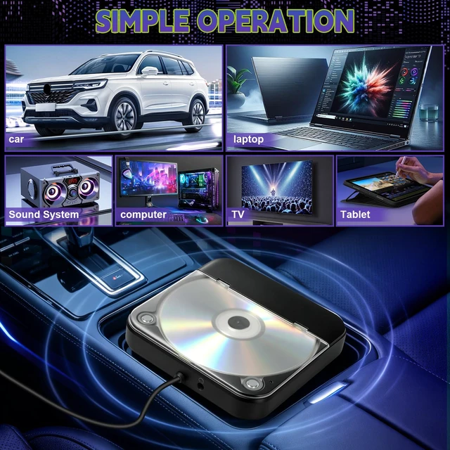 Alt view image 7 of 7 - Portable CD Player for Car, External Car CD Player with USB/AUX Port Plug & Play CD Player for Car, Anti-Skip, Shockproof, USB & AUX Compatible, Works with Car Stereo/Laptop/Desktop/TV