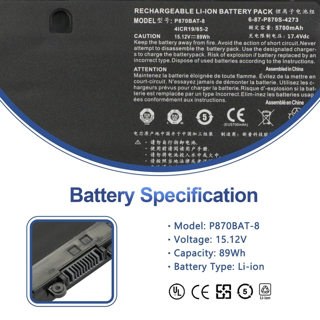 Alt view image 2 of 7 - P870BAT-8 89Wh Laptop Battery for Clevo P870TM-G P870DM3-G P775DM3 P870DM2 P870TM1-G P870KM P870KM1-G P870DM2-G P870KM-GS P870DM3 P870DM-G P870DM P8700S NP9870 6-87-P870S-4272 Series