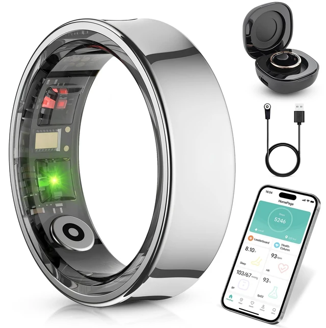 Main image of Smart Ring for Women Men - Heart Rate Sleep Tracker, 5ATM Water Resistant, Gesture Control, Charging Case, Bluetooth 5.2, Silver, Size 9