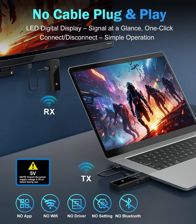 Alt view image 3 of 7 - Wireless HDMI Transmitter and Receiver for World Cup Viewing, 4K Decode & 1080P 60Hz Zero Latency,328FT/100M,5G/2.4G Dual Band, Wireless HDMI Extender for Video/Audio to Monitor from TV Box/Laptop