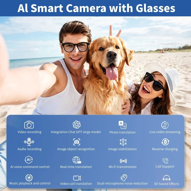 Alt view image 3 of 7 - AI Smart Glasses with 8MP Camera, 1080P HD Video & Photo Capture, Bluetooth Connectivity, Real-time & Video Call Translation, Video stabilization, Dual-microphone Noise Reduction, Object Recognition