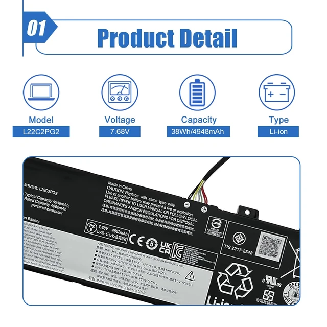 Alt view image 2 of 6 - 38Wh L22C2PG2 Laptop Battery Replacement for Lenovo V14 G4 AMN IAN V15 G4 AMN Series L22M2PG2 L22B2PG2 L22D2PG2 5B11K24747 SB11K24748 5B11N56339 5B11K24752 SB11K24750 7.68V