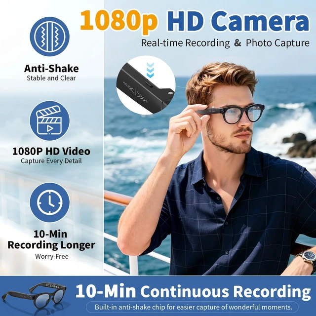 Alt view image 4 of 7 - AI Smart Glasses with 8MP Camera, 1080P HD Video & Photo Capture, Bluetooth Connectivity, Real-time & Video Call Translation, Video stabilization, Dual-microphone Noise Reduction, Object Recognition