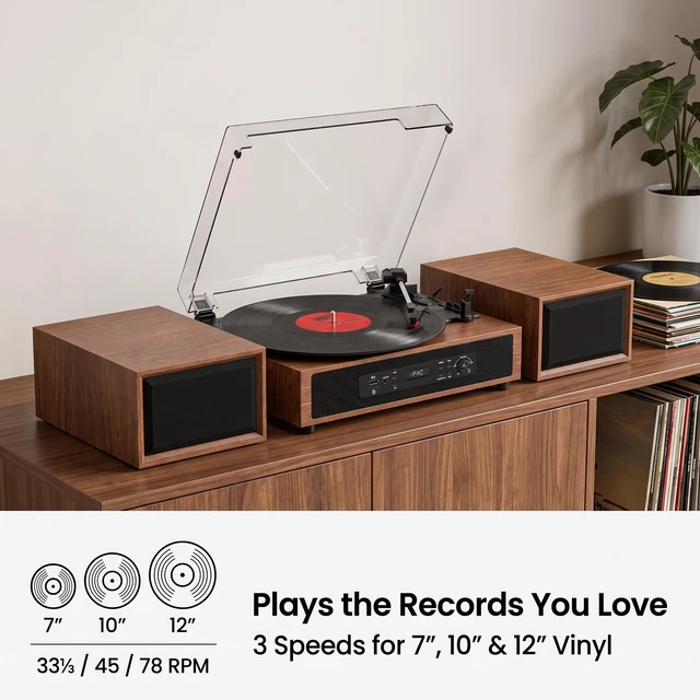 Alt view image 2 of 7 - Vinyl Record Player with 6 Speakers, 4 Built-in & 2 External, HiFi Sound Bluetooth 3-speed belt-drive turntable with 6 speakers, USB/SD recording, RCA/AUX input, headphone jack, walnut Wood