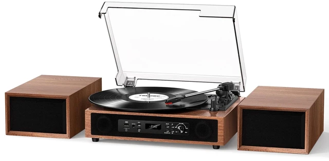 Main image of Vinyl Record Player with 6 Speakers, 4 Built-in & 2 External, HiFi Sound Bluetooth 3-speed belt-drive turntable with 6 speakers, USB/SD recording, RCA/AUX input, headphone jack, walnut Wood