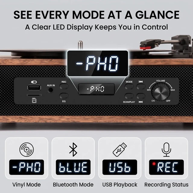Alt view image 5 of 7 - Vinyl Record Player with 6 Speakers, 4 Built-in & 2 External, HiFi Sound Bluetooth 3-speed belt-drive turntable with 6 speakers, USB/SD recording, RCA/AUX input, headphone jack, walnut Wood