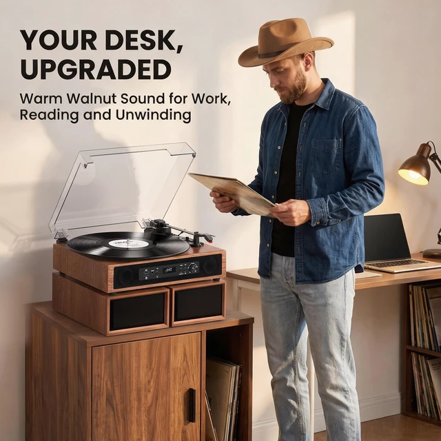 Alt view image 4 of 7 - Vinyl Record Player with 6 Speakers, 4 Built-in & 2 External, HiFi Sound Bluetooth 3-speed belt-drive turntable with 6 speakers, USB/SD recording, RCA/AUX input, headphone jack, walnut Wood