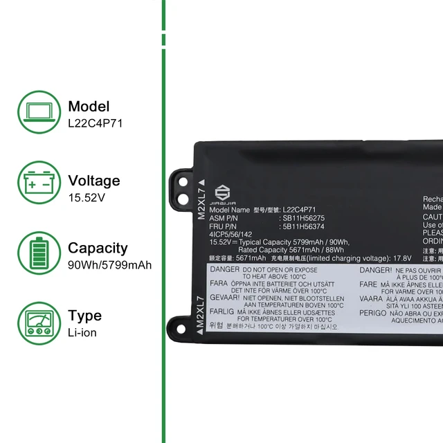 Alt view image 2 of 6 - L22C4P71 Laptop Battery Replacement for Lenovo ThinkPad P16v Gen 1 2023 Gen 2 2024 Series Notebook SB11H56275 5B11H56374 L22M4P71 SB11H56274 5B11H56373 15.52V 90Wh 5799mAh