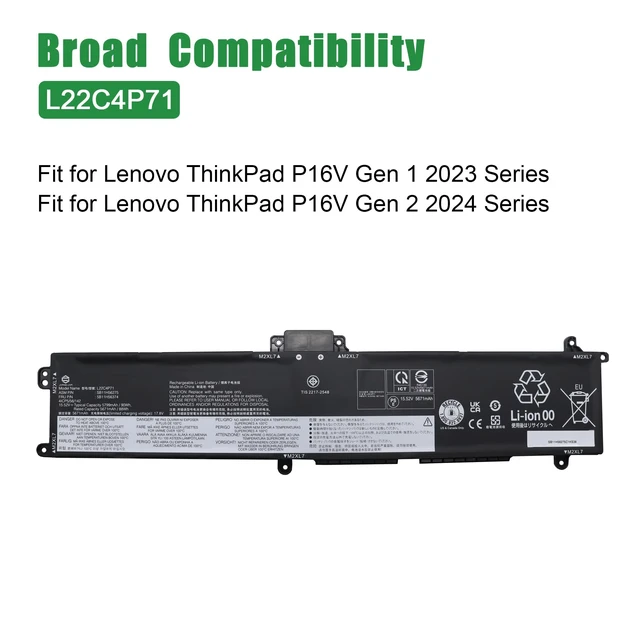Alt view image 5 of 6 - L22C4P71 Laptop Battery Replacement for Lenovo ThinkPad P16v Gen 1 2023 Gen 2 2024 Series Notebook SB11H56275 5B11H56374 L22M4P71 SB11H56274 5B11H56373 15.52V 90Wh 5799mAh