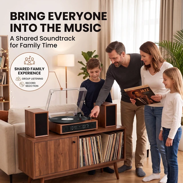 Alt view image 6 of 7 - Vinyl Record Player with 6 Speakers, 4 Built-in & 2 External, HiFi Sound Bluetooth 3-speed belt-drive turntable with 6 speakers, USB/SD recording, RCA/AUX input, headphone jack, walnut Wood
