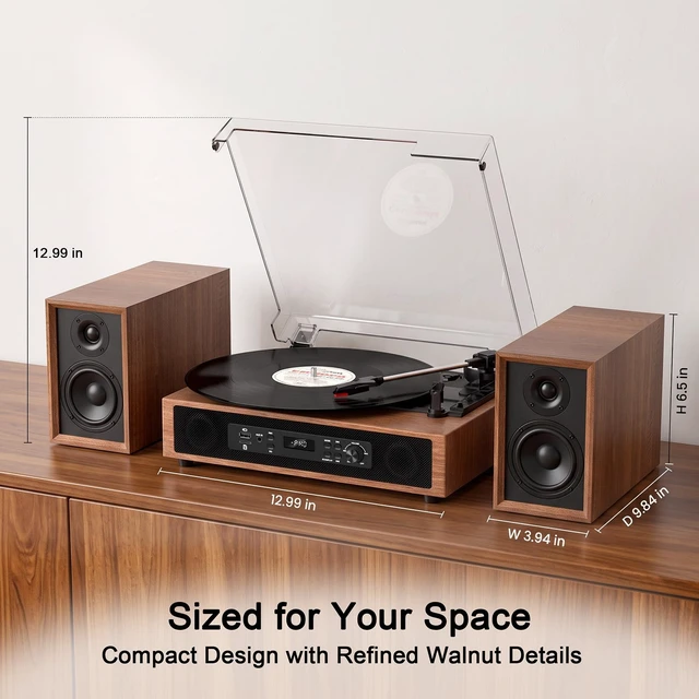 Alt view image 7 of 7 - Vinyl Record Player with 6 Speakers, 4 Built-in & 2 External, HiFi Sound Bluetooth 3-speed belt-drive turntable with 6 speakers, USB/SD recording, RCA/AUX input, headphone jack, walnut Wood