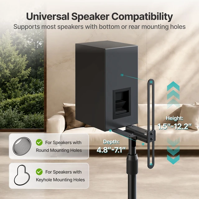 Alt view image 2 of 7 - 32.2-42 inch Speaker Stands for Bookshelf Speakers, Hold 22lbs, 1 Pair Fits Speakers 4.87.1 Deep, 1.512.2 Tall, Dual Cable Management, 2 Mounting Options for Keyhole & Round Holes