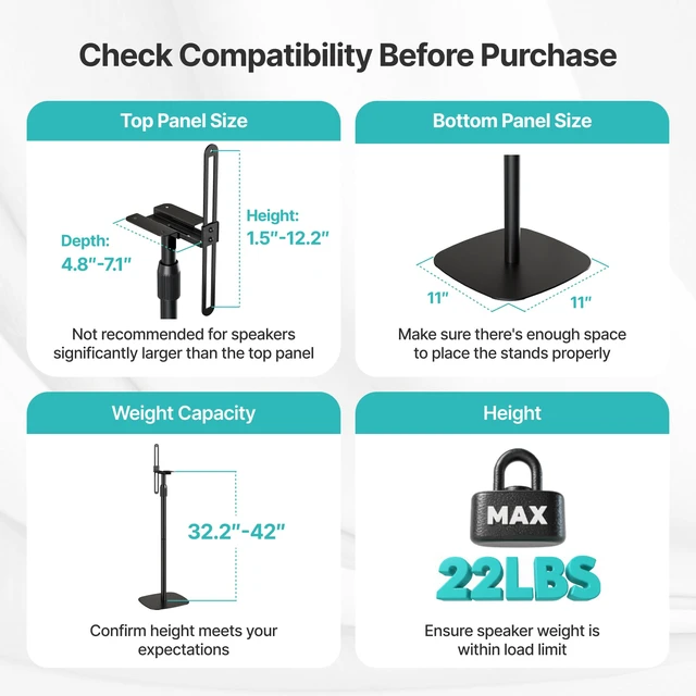 Alt view image 7 of 7 - 32.2-42 inch Speaker Stands for Bookshelf Speakers, Hold 22lbs, 1 Pair Fits Speakers 4.87.1 Deep, 1.512.2 Tall, Dual Cable Management, 2 Mounting Options for Keyhole & Round Holes