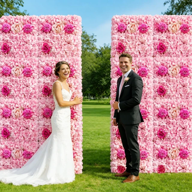 Alt view image 2 of 7 - 12-Pack Flower Wall Backdrop Rose Pink Backdrop 15×15 Inch Silk Artificial Flower Panels 3D Pink Flower Wall for Wedding Birthday Party Home Event Photography Background