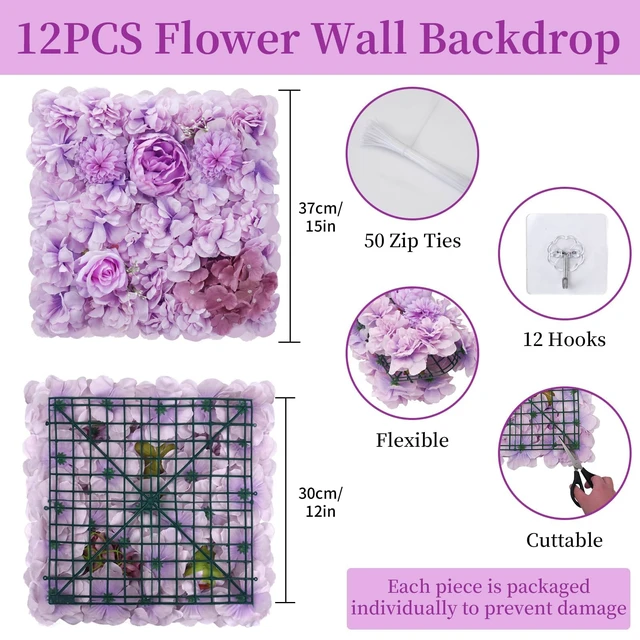 Alt view image 3 of 7 - Purple Flower Wall Backdrop 12-Pack Rose Wall Panels 15×15 Inch Silk Flower Wedding Backdrop 3D Artificial Floral Backdrop for Birthday Party Home Event Photography Background