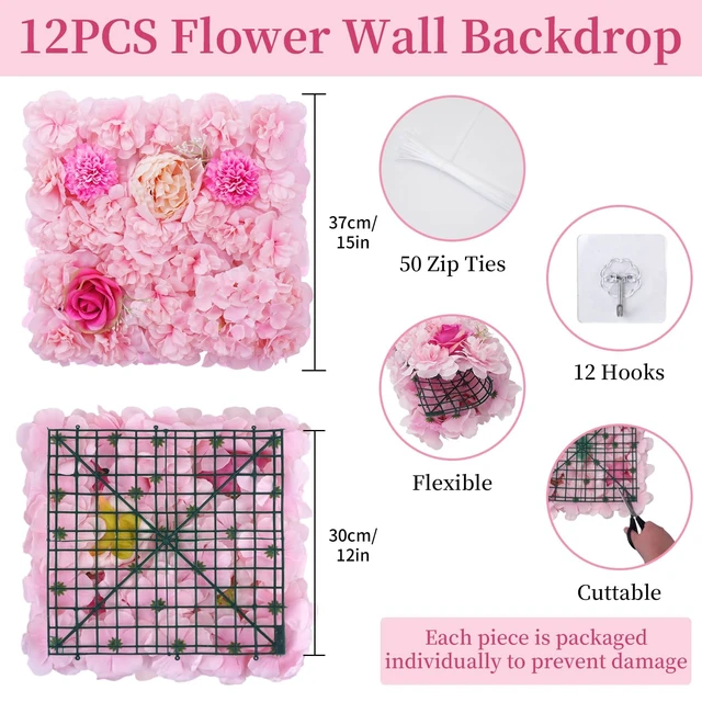 Alt view image 3 of 7 - 12-Pack Flower Wall Backdrop Rose Pink Backdrop 15×15 Inch Silk Artificial Flower Panels 3D Pink Flower Wall for Wedding Birthday Party Home Event Photography Background