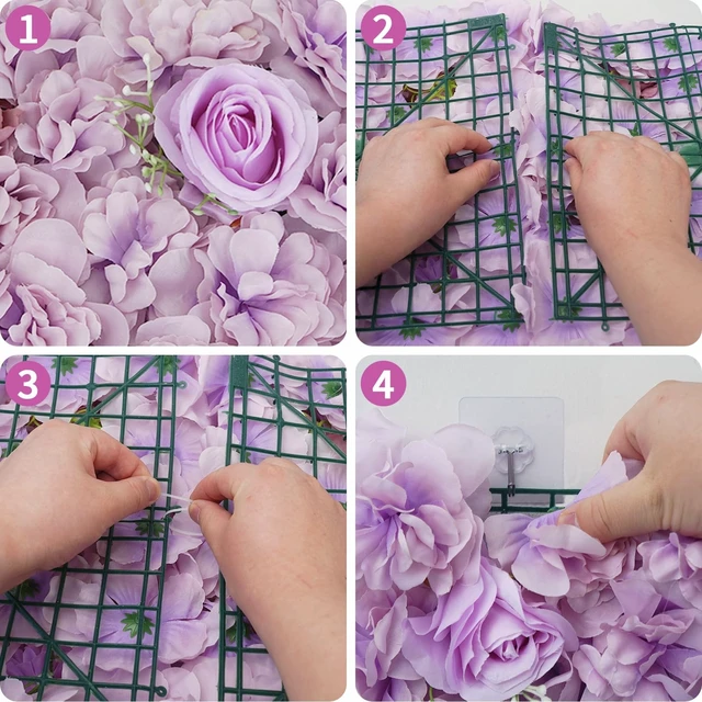 Alt view image 4 of 7 - Purple Flower Wall Backdrop 12-Pack Rose Wall Panels 15×15 Inch Silk Flower Wedding Backdrop 3D Artificial Floral Backdrop for Birthday Party Home Event Photography Background