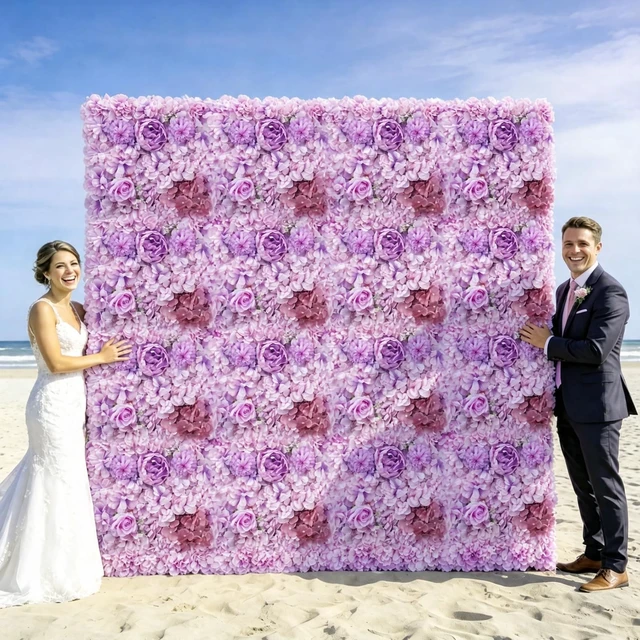 Alt view image 6 of 7 - Purple Flower Wall Backdrop 12-Pack Rose Wall Panels 15×15 Inch Silk Flower Wedding Backdrop 3D Artificial Floral Backdrop for Birthday Party Home Event Photography Background