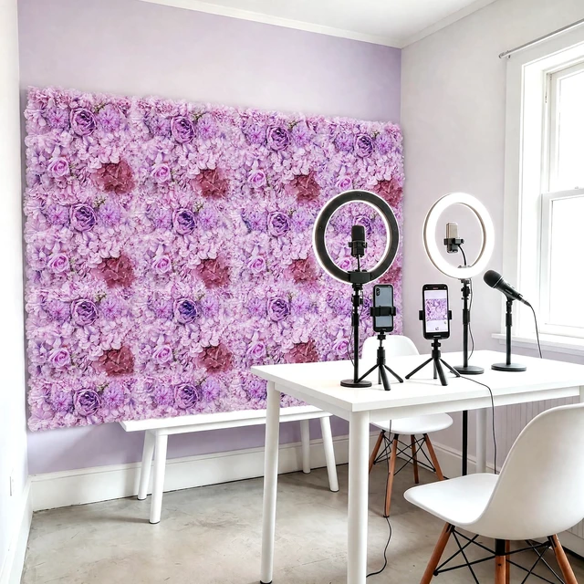 Alt view image 7 of 7 - Purple Flower Wall Backdrop 12-Pack Rose Wall Panels 15×15 Inch Silk Flower Wedding Backdrop 3D Artificial Floral Backdrop for Birthday Party Home Event Photography Background