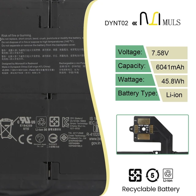 Alt view image 2 of 7 - DYNT02 G3HTA052H Tablet Battery for Microsoft Surface Laptop 3 Gen 13.5" Keyboard Base 1867 1868 Series G3HTA053H G3HTA057H G3HTA058H 7.58V 6041mAh 45.8Wh with Tools, Extended runtime