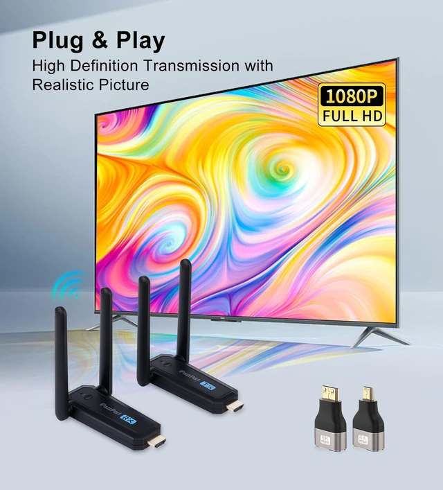 Alt view image 2 of 7 - Wireless HD Transmitter Receiver, 164FT Long Range, 1080P 60Hz 4K Decode 1080P 60Hz Output 164FT/50M Range Dual Antennas Mirror & Extend Mode Micro/Mini HDMI Adapters Included
