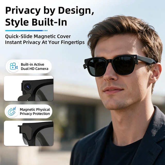 Alt view image 4 of 7 - Smart Glasses with Camera, Recording Glasses, Real-Time Translation AI Assistant Real-Time Translation, Object Recognition, Music & Calls, Voice Assistant,Black Sunglass Lenses