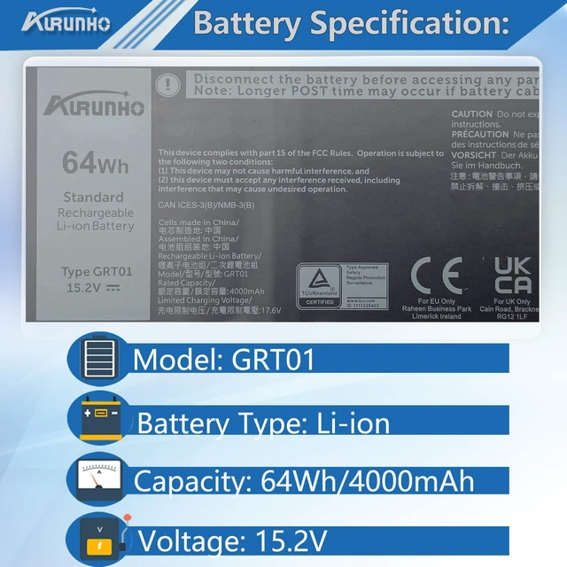 Alt view image 2 of 7 - GRT01 Laptop Battery Replacement for DELL Precision 3470 3561 3571 3581 3591 Latitude 5521 5531 5421 5431 Series R05P0 0P3TJ 00P3TJ P50E P50E001