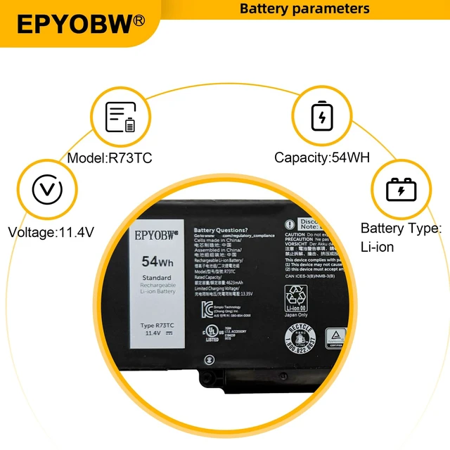 Alt view image 3 of 7 - R73TC Laptop Battery 54Wh 4623mAh 3-Cell 11.4V GTG7N Compatible with Dell Latitude 3340 5340 5350 / Latitude 3340 2-in-1 / Latitude 5340 2-in-1 / Latitude 5350 2-in-1 Series