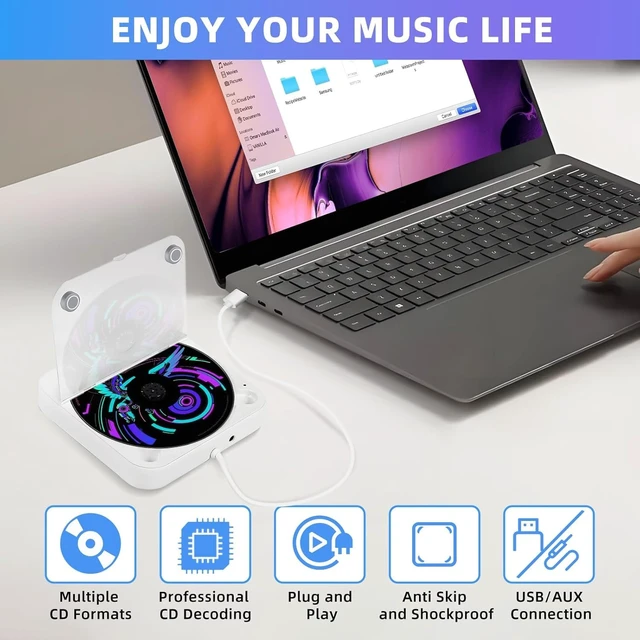 Alt view image 6 of 6 - Portable CD Player for Car, External CD Player with USB/AUX,Plug & Play Anti-Skip, Lightweight & Portable, Dustproof, for Laptop, TV & Computer, Supported CD/CD-MP3/CD-RW/CD-R/CD-WAV