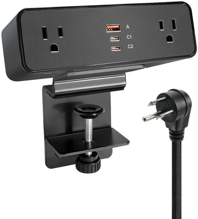 Main image of Desk Clamp Power Strip USB C 100W, Desktop Edge Mount Fast Charge Station 3 PD USB Port 2 AC Outlets 6ft Braided Extension Cord Flat Plug Fit Max 3.26 Tabletop Edge for Gaming Office Table