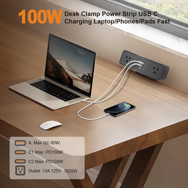 Alt view image 2 of 7 - Desk Clamp Power Strip USB C 100W, Desktop Edge Mount Fast Charge Station 3 PD USB Port 2 AC Outlets 6ft Braided Extension Cord Flat Plug Fit Max 3.26 Tabletop Edge for Gaming Office Table