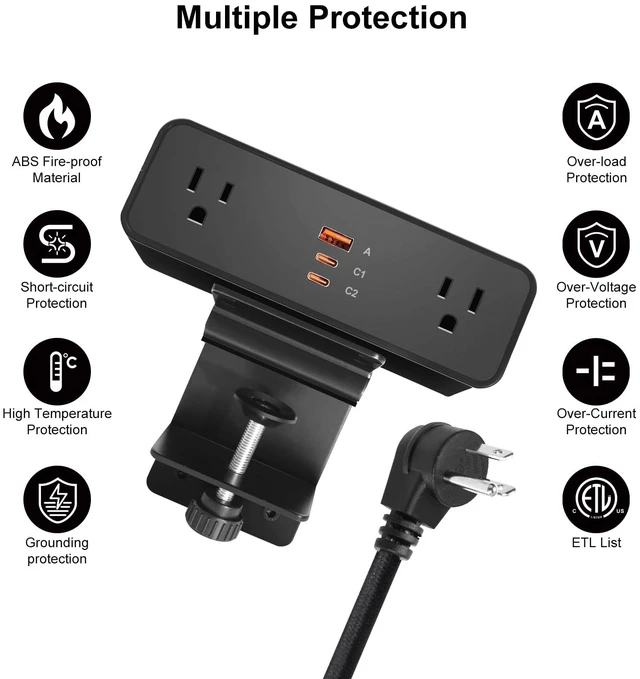 Alt view image 3 of 7 - Desk Clamp Power Strip USB C 100W, Desktop Edge Mount Fast Charge Station 3 PD USB Port 2 AC Outlets 6ft Braided Extension Cord Flat Plug Fit Max 3.26 Tabletop Edge for Gaming Office Table