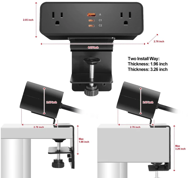 Alt view image 5 of 7 - Desk Clamp Power Strip USB C 100W, Desktop Edge Mount Fast Charge Station 3 PD USB Port 2 AC Outlets 6ft Braided Extension Cord Flat Plug Fit Max 3.26 Tabletop Edge for Gaming Office Table