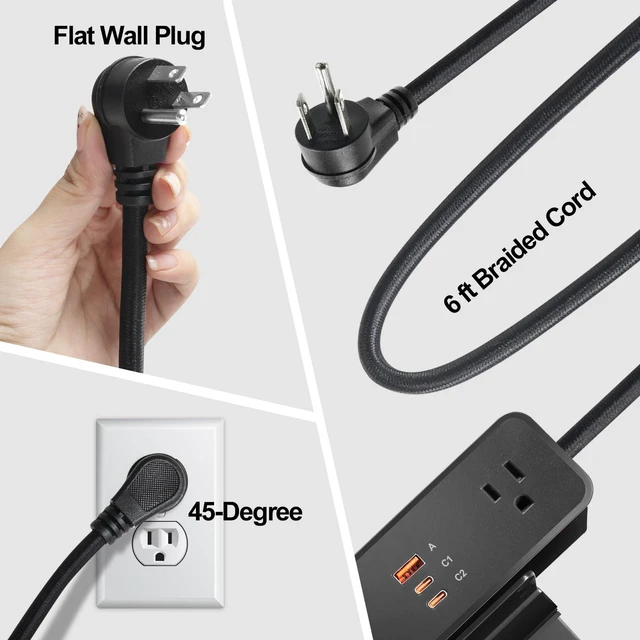 Alt view image 6 of 7 - Desk Clamp Power Strip USB C 100W, Desktop Edge Mount Fast Charge Station 3 PD USB Port 2 AC Outlets 6ft Braided Extension Cord Flat Plug Fit Max 3.26 Tabletop Edge for Gaming Office Table