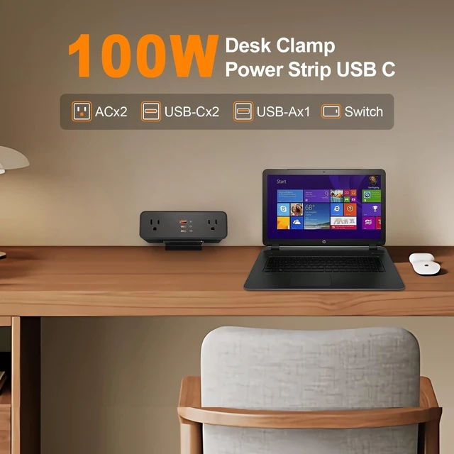 Alt view image 7 of 7 - Desk Clamp Power Strip USB C 100W, Desktop Edge Mount Fast Charge Station 3 PD USB Port 2 AC Outlets 6ft Braided Extension Cord Flat Plug Fit Max 3.26 Tabletop Edge for Gaming Office Table