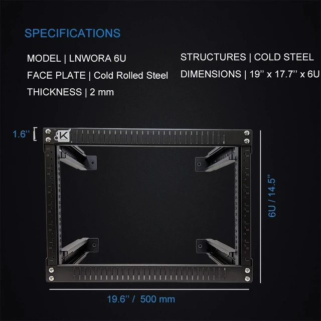 Alt view image 7 of 7 - 6U Adjustable Depth Wall Mount Open Frame Steel Network Equipment Rack 17.75 Inch Deep