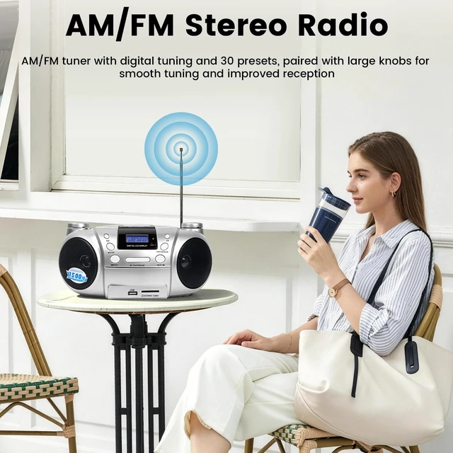 Alt view image 3 of 7 - Portable CD/DVD Player Boombox, Battery Operated (EU AC Plug Not Functional), AM/FM Radio, Backlit LCD Display,Headphone Jack, Compatible with CD-R/CD-RW/MP3 (Silver)