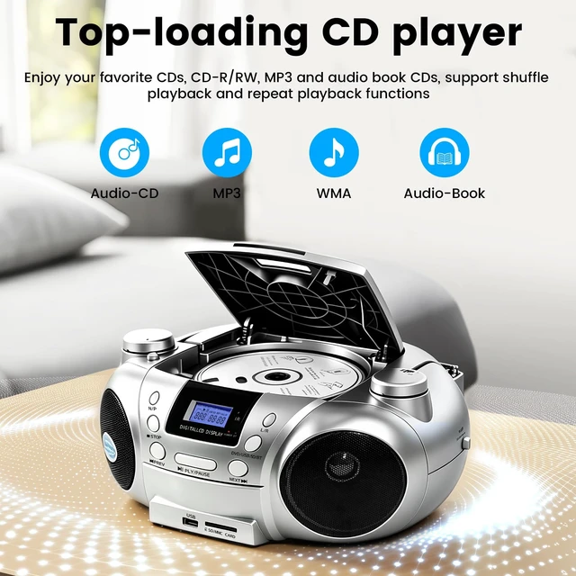 Alt view image 5 of 7 - Portable CD/DVD Player Boombox, Battery Operated (EU AC Plug Not Functional), AM/FM Radio, Backlit LCD Display,Headphone Jack, Compatible with CD-R/CD-RW/MP3 (Silver)