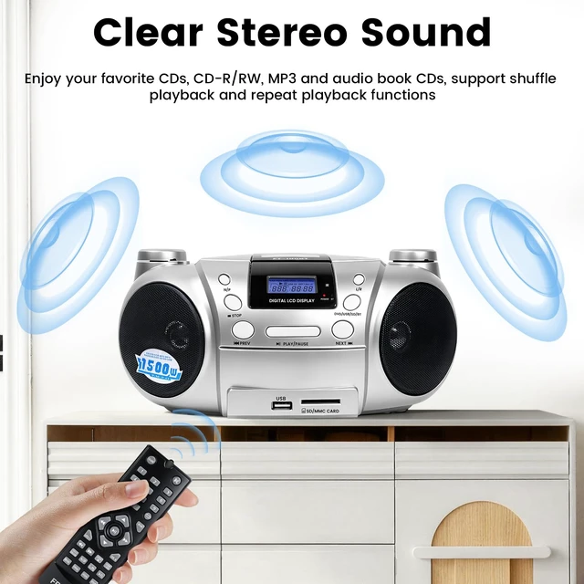 Alt view image 6 of 7 - Portable CD/DVD Player Boombox, Battery Operated (EU AC Plug Not Functional), AM/FM Radio, Backlit LCD Display,Headphone Jack, Compatible with CD-R/CD-RW/MP3 (Silver)
