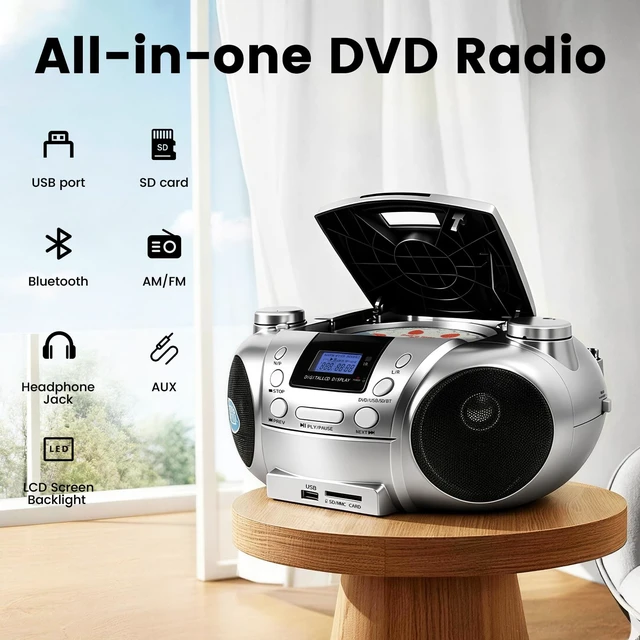Alt view image 7 of 7 - Portable CD/DVD Player Boombox, Battery Operated (EU AC Plug Not Functional), AM/FM Radio, Backlit LCD Display,Headphone Jack, Compatible with CD-R/CD-RW/MP3 (Silver)